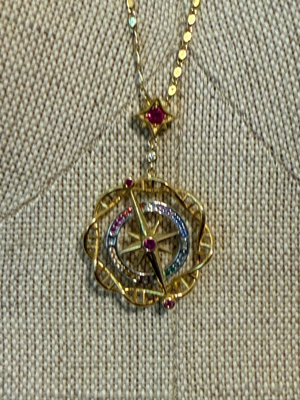 Gold Compass Pendant Necklace with Pink and Multicolor Stones
